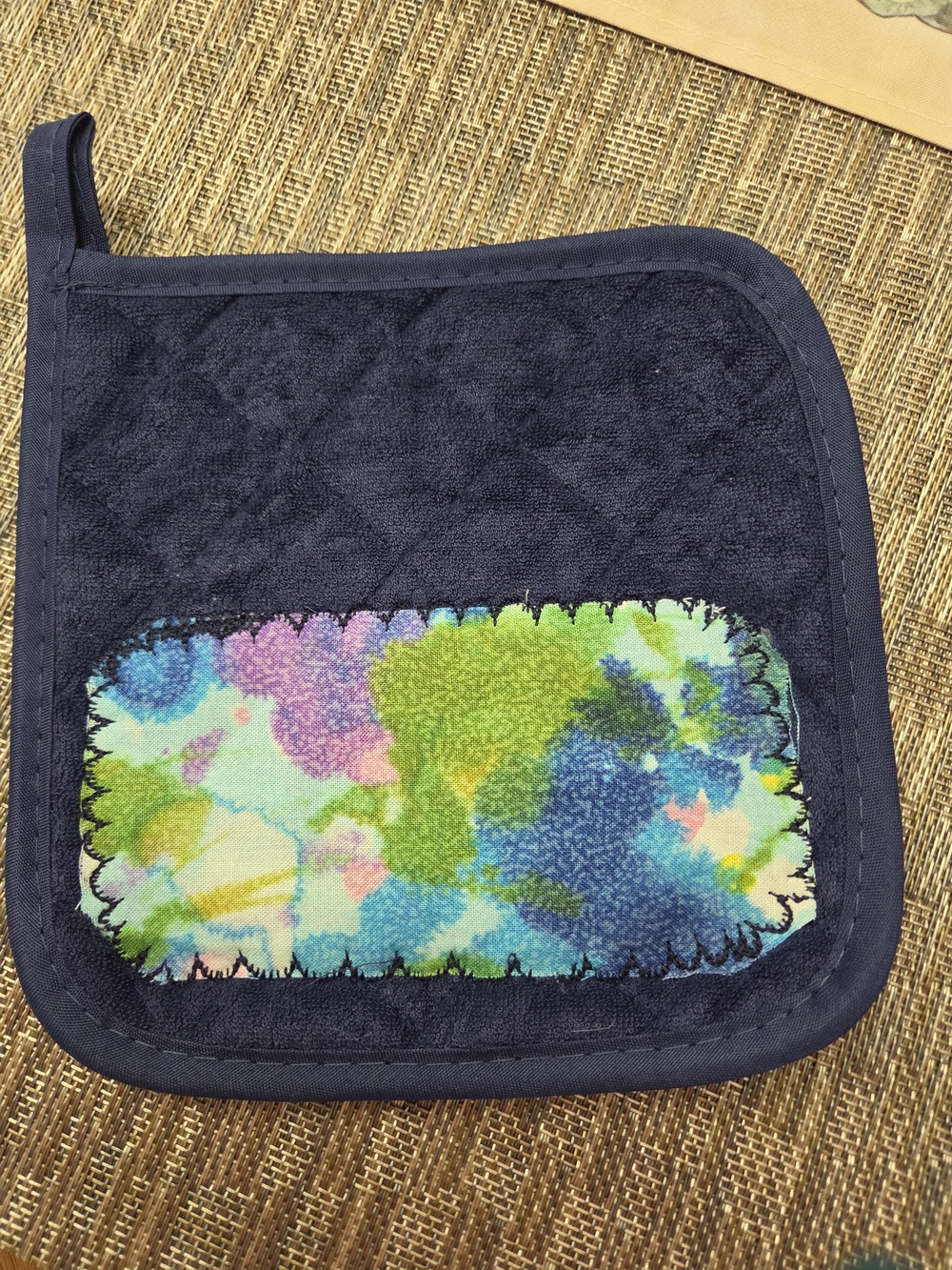 Navy Blue Pot Holder with Multicolor Floral Patch